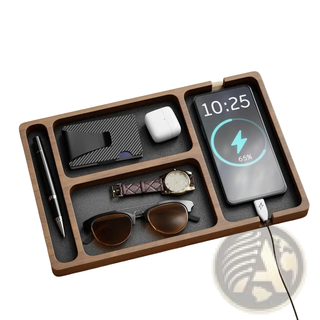 Brown wooden desktop charging organizer tray with segmented compartments holding phone watch and accessories