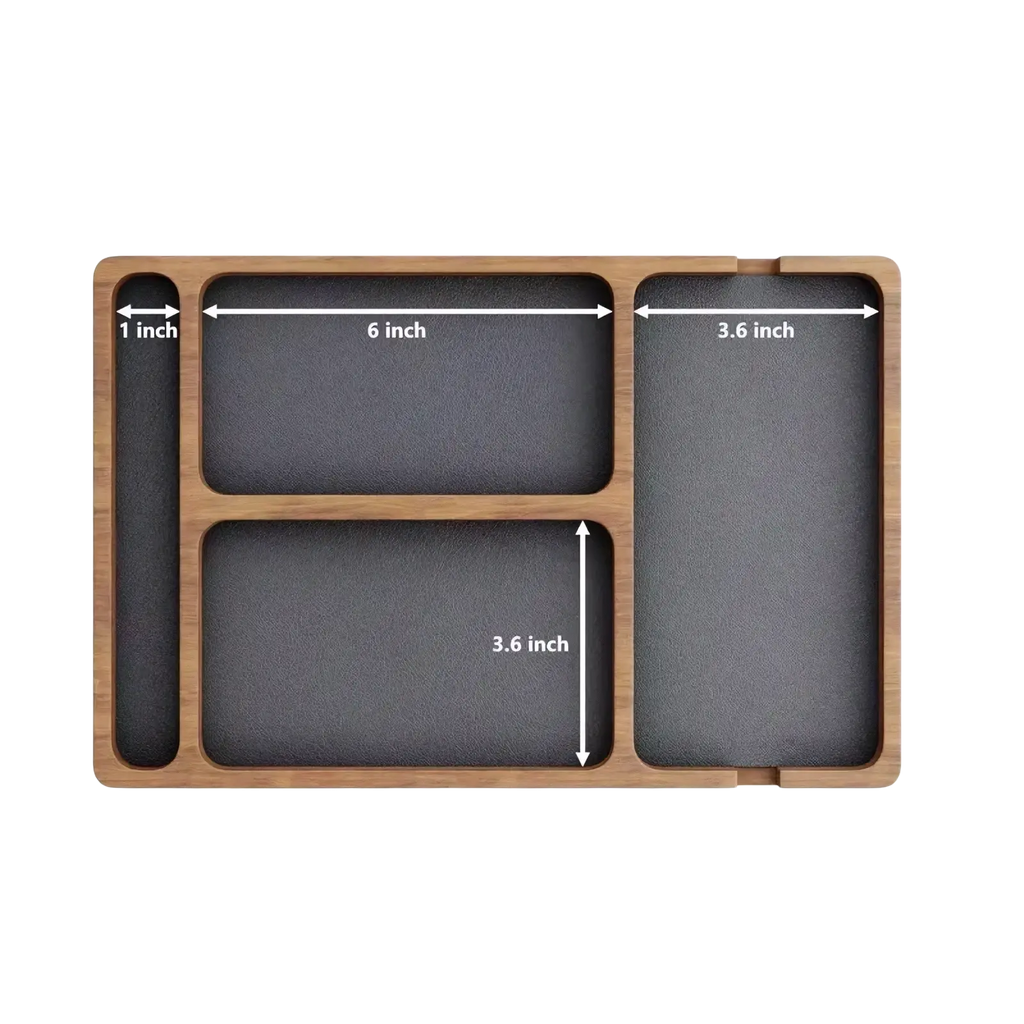 Rectangular wooden desktop charging organizer tray with dark gray textured compartments and precise measurements