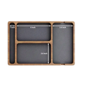 Rectangular wooden desktop charging organizer tray with dark gray textured compartments and precise measurements