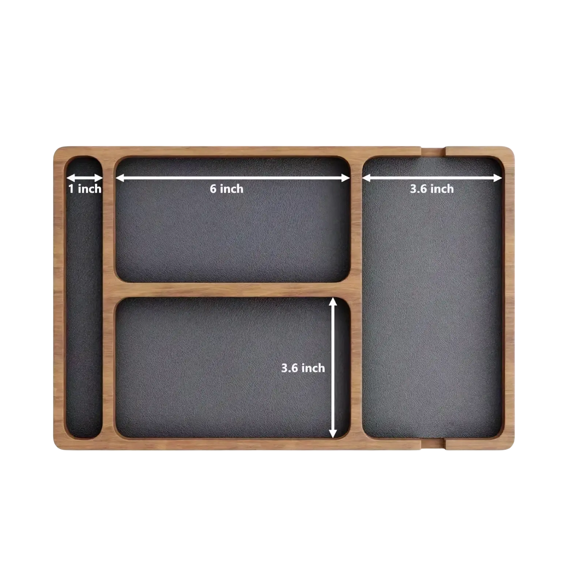 Rectangular wooden desktop charging organizer tray with dark gray textured compartments and precise measurements