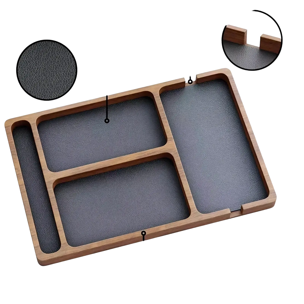 Rectangular wooden desktop charging organizer tray with dark gray leather inserts and two charging ports