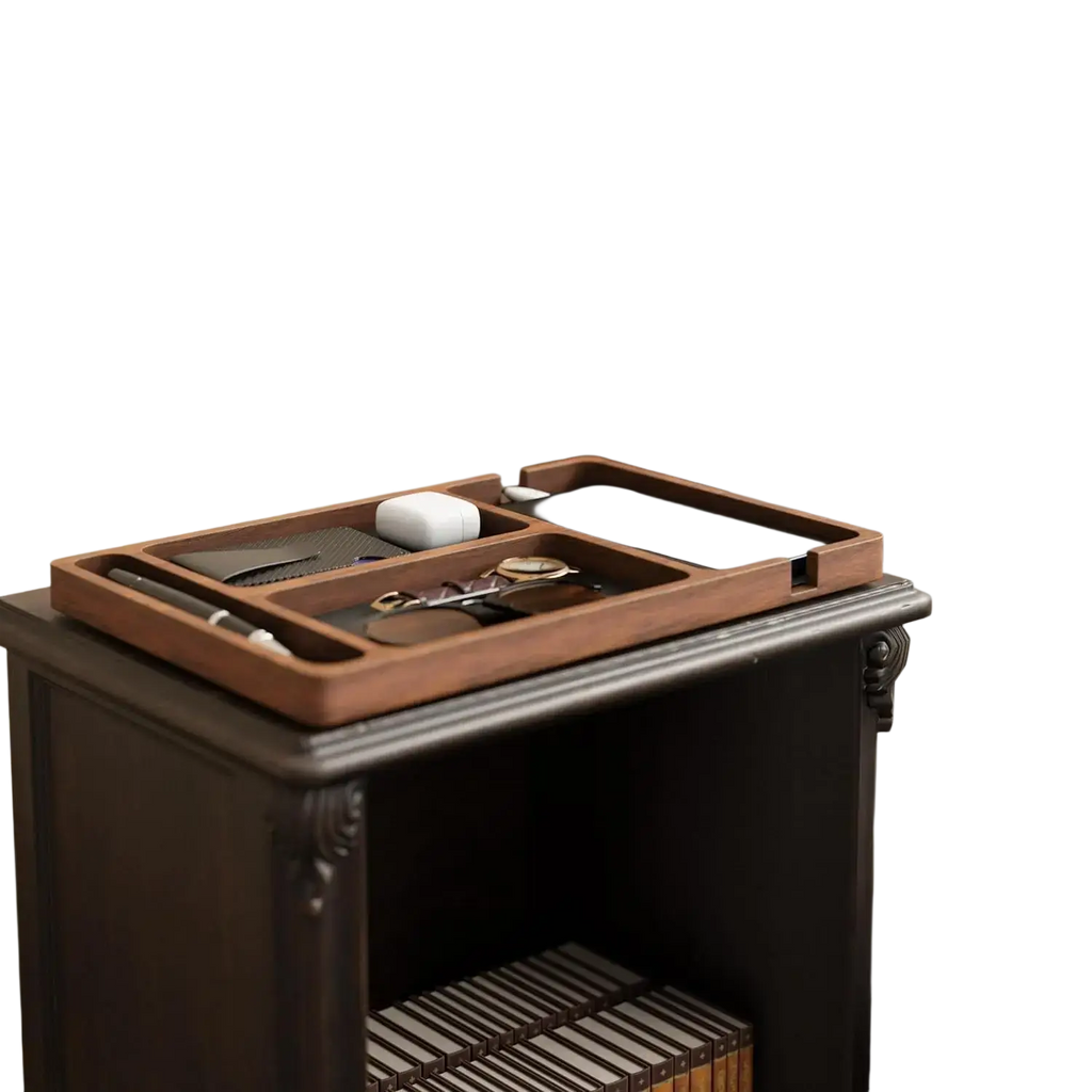 Wooden desktop charging organizer tray with warm brown finish and compartments holding phone watch and earbuds