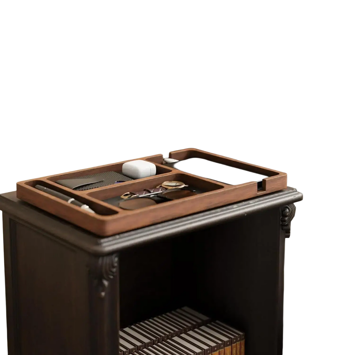 Wooden desktop charging organizer tray with warm brown finish and compartments holding phone watch and earbuds