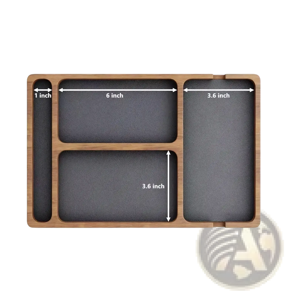 Rectangular wooden desktop charging organizer tray with dark gray textured compartments and precise measurements
