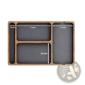 Rectangular wooden desktop charging organizer tray with dark gray textured compartments and precise measurements
