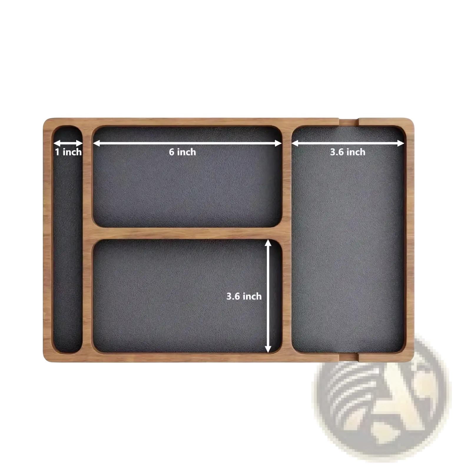 Rectangular wooden desktop charging organizer tray with dark gray textured compartments and precise measurements