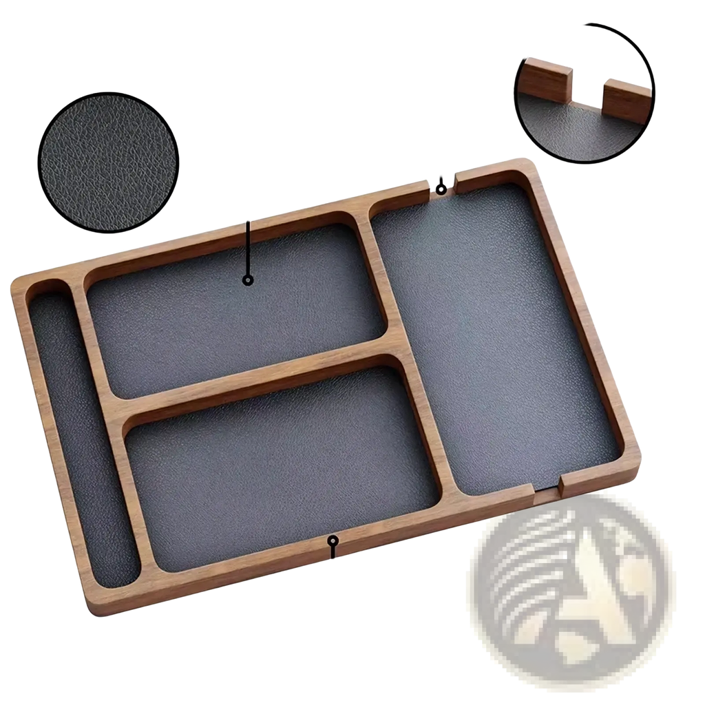 Rectangular wooden desktop charging organizer tray with dark gray leather inserts and two charging ports