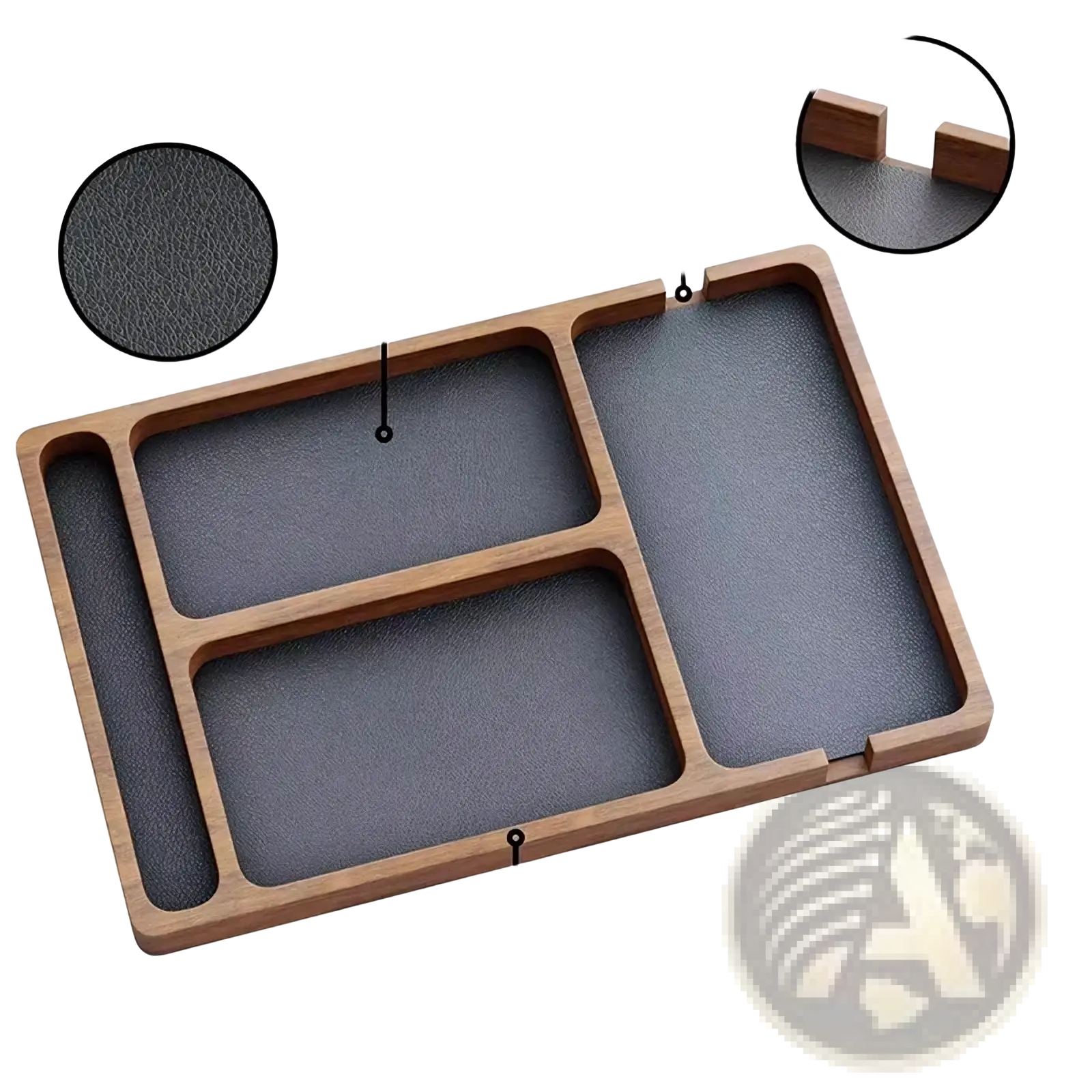 Rectangular wooden desktop charging organizer tray with dark gray leather inserts and two charging ports