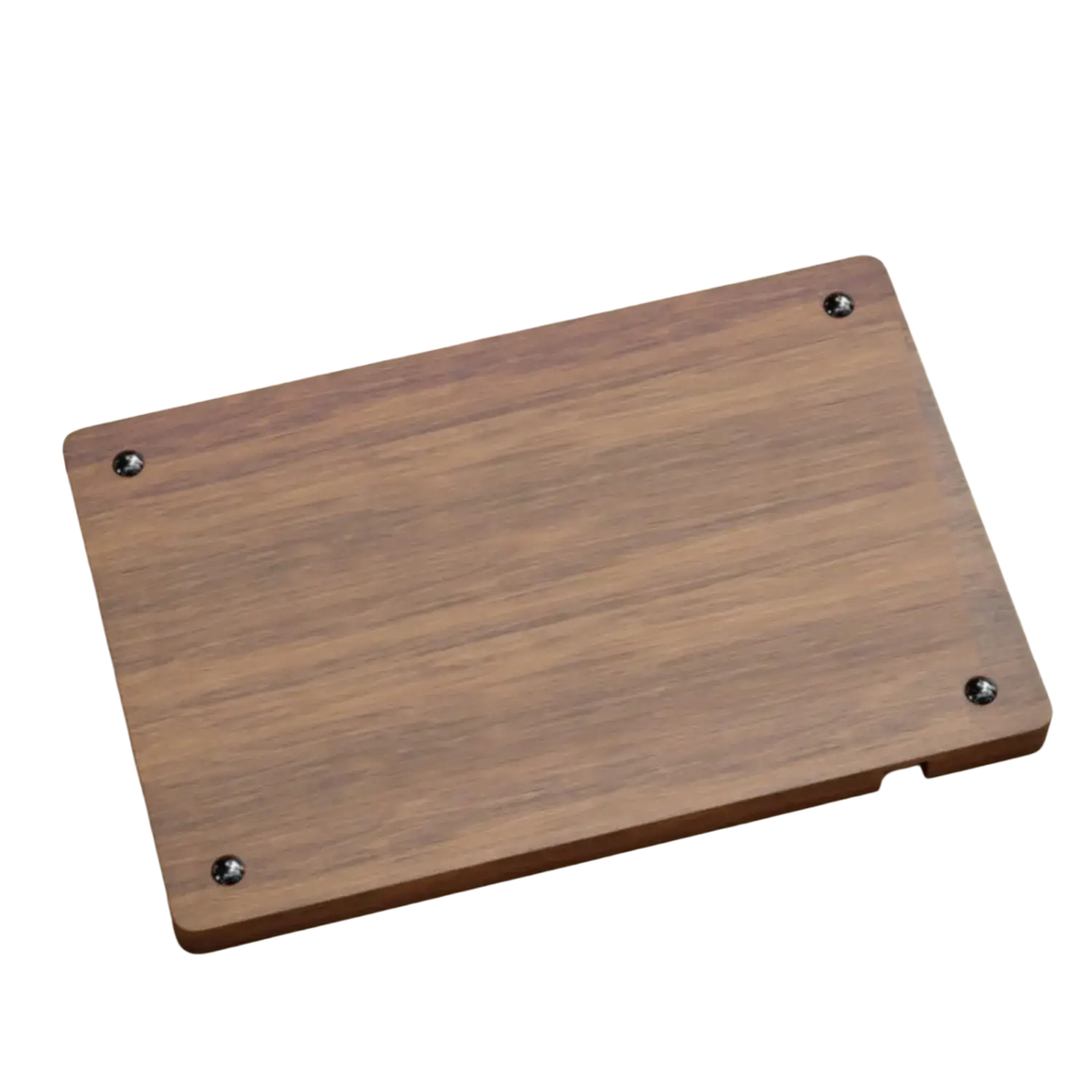 Rectangular wooden desktop charging organizer tray with smooth medium brown finish and four black corner screws