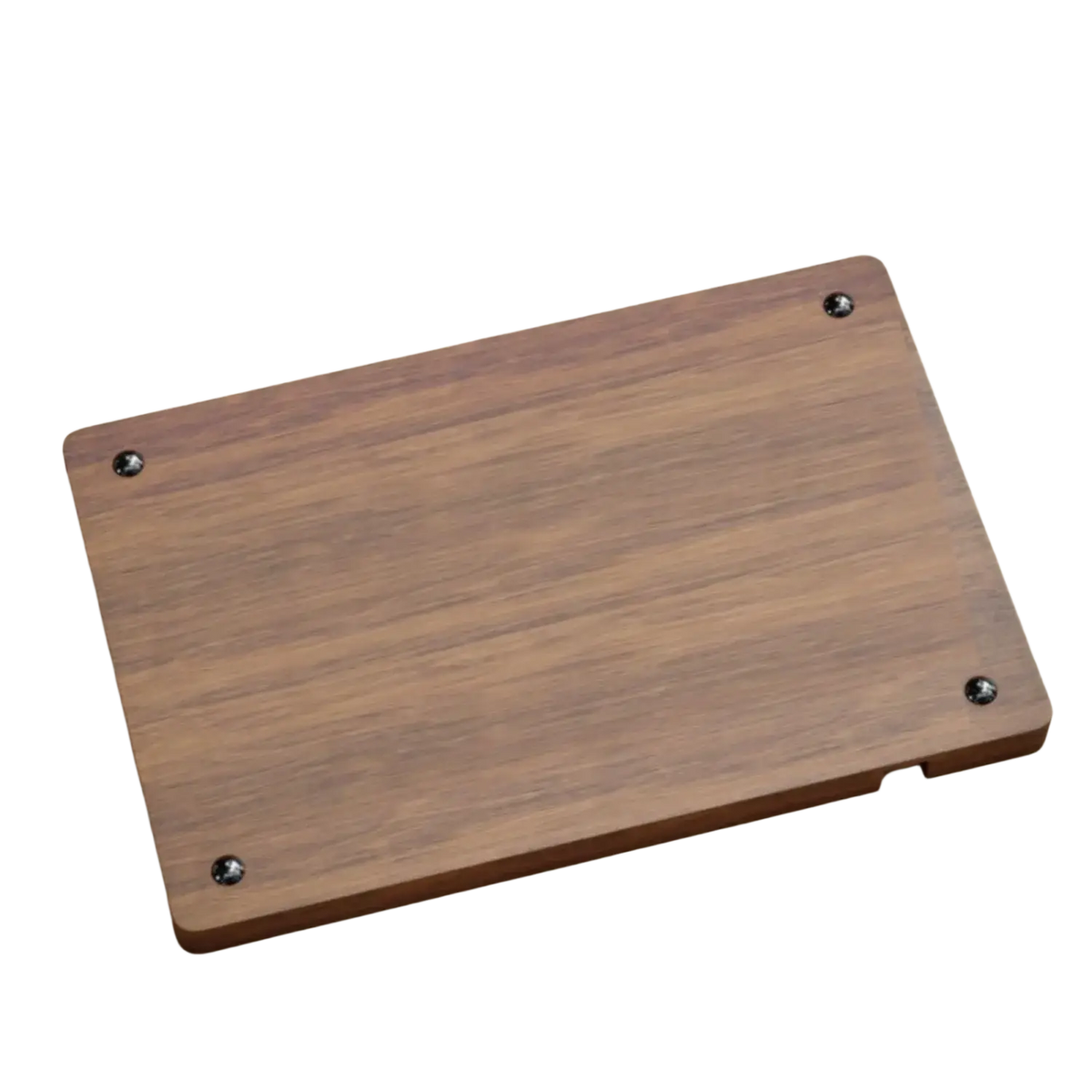 Rectangular wooden desktop charging organizer tray with smooth medium brown finish and four black corner screws