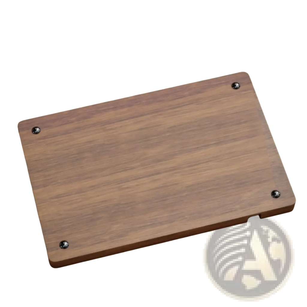 Rectangular wooden desktop charging organizer tray with smooth medium brown finish and four black corner screws
