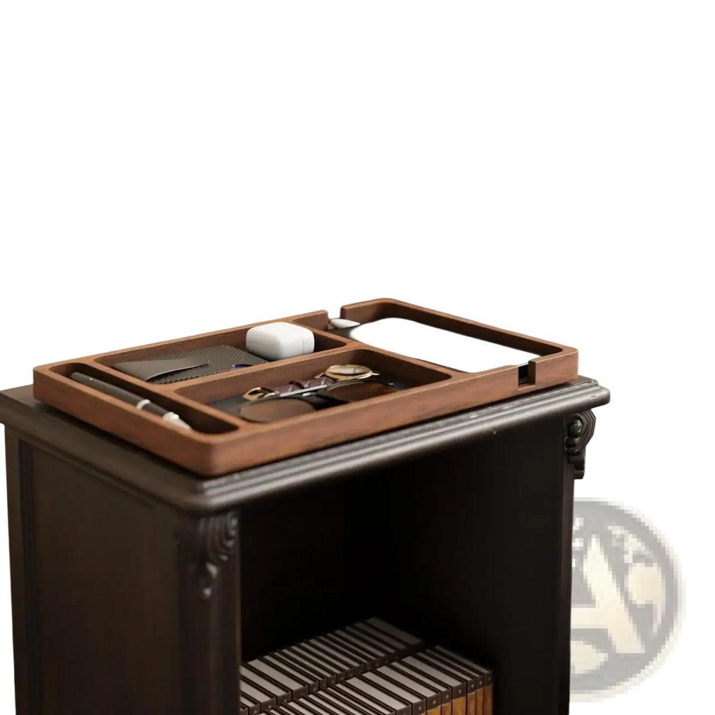 Wooden desktop charging organizer tray with warm brown finish and compartments holding phone watch and earbuds