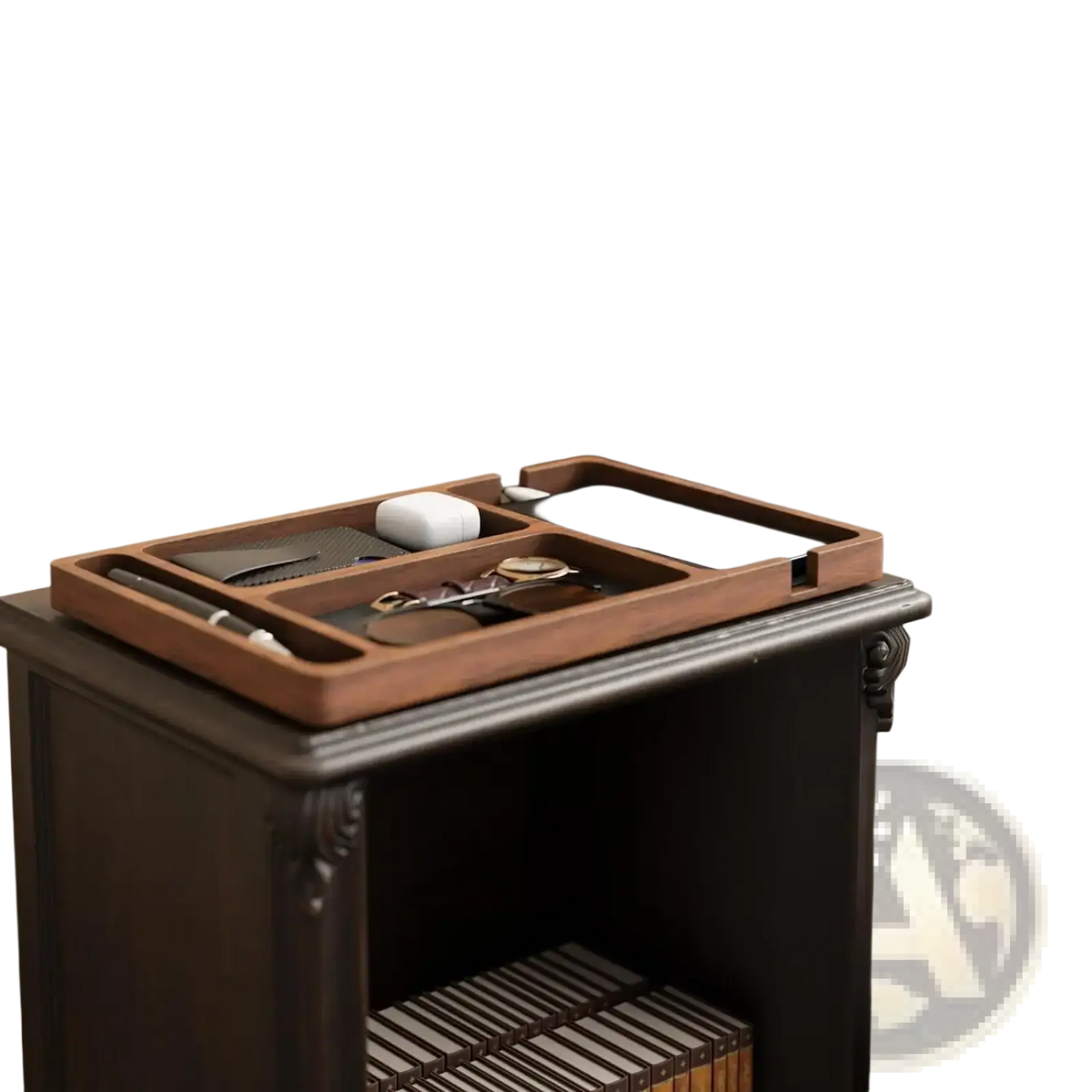 Wooden desktop charging organizer tray with warm brown finish and compartments holding phone watch and earbuds