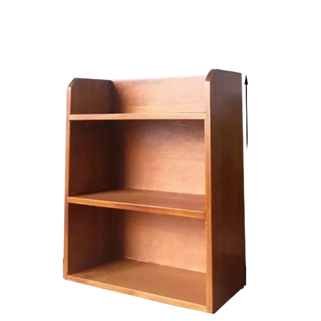 A wooden desktop storage rack and organizer with three shelves, compact design, warm brown finish, and clean lines