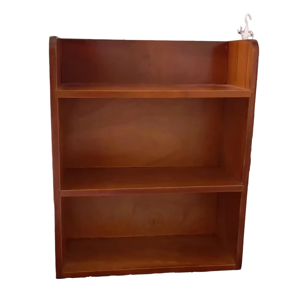 Wooden desktop storage rack and organizer with three warm brown wooden shelves and clean lines for simple organization
