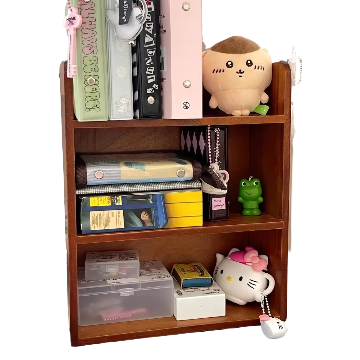 Wooden desktop storage rack and organizer with three warm brown shelves holding binders plush toys and decor items