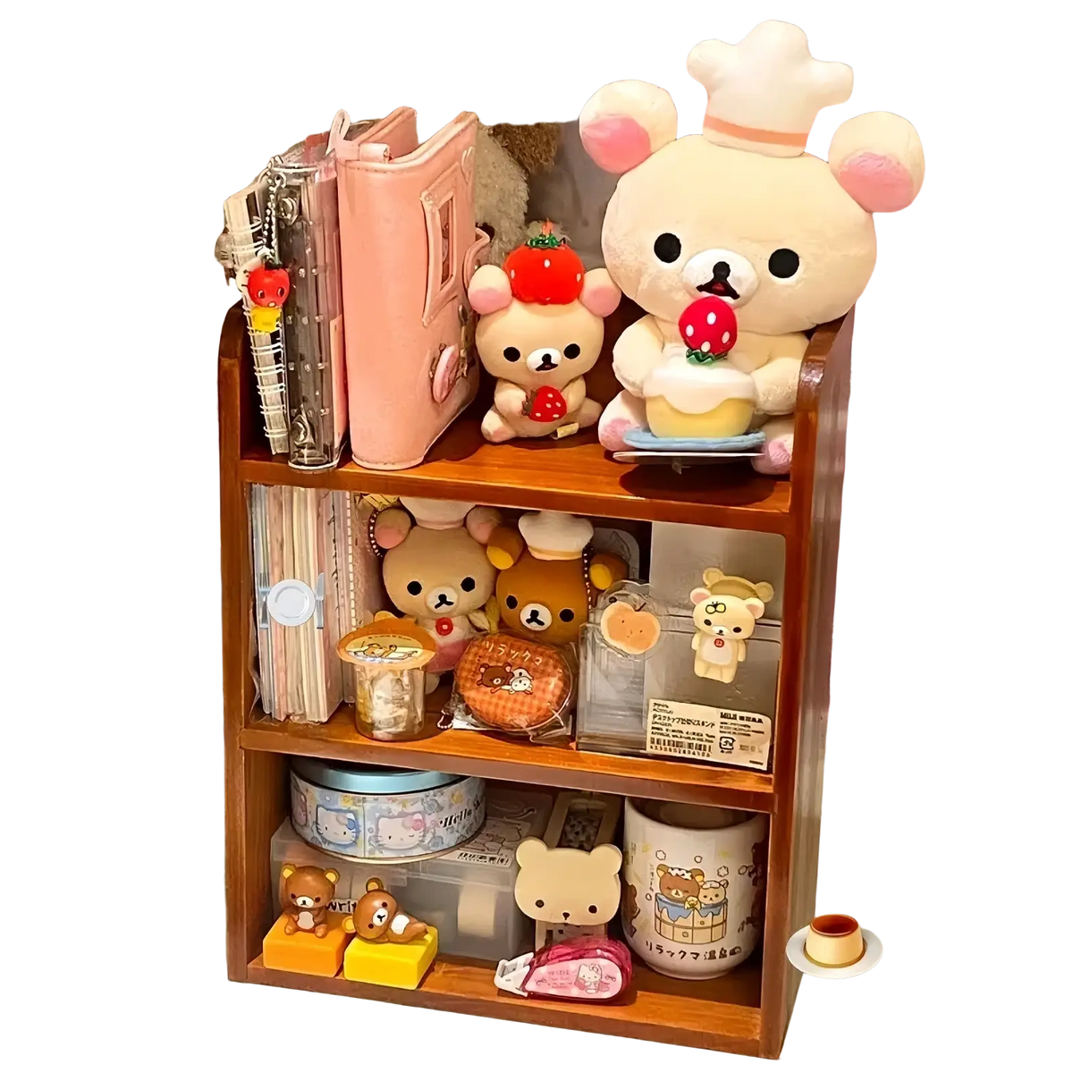 Wooden desktop storage rack and organizer with three tiers filled with plush toys stationery and cute accessories