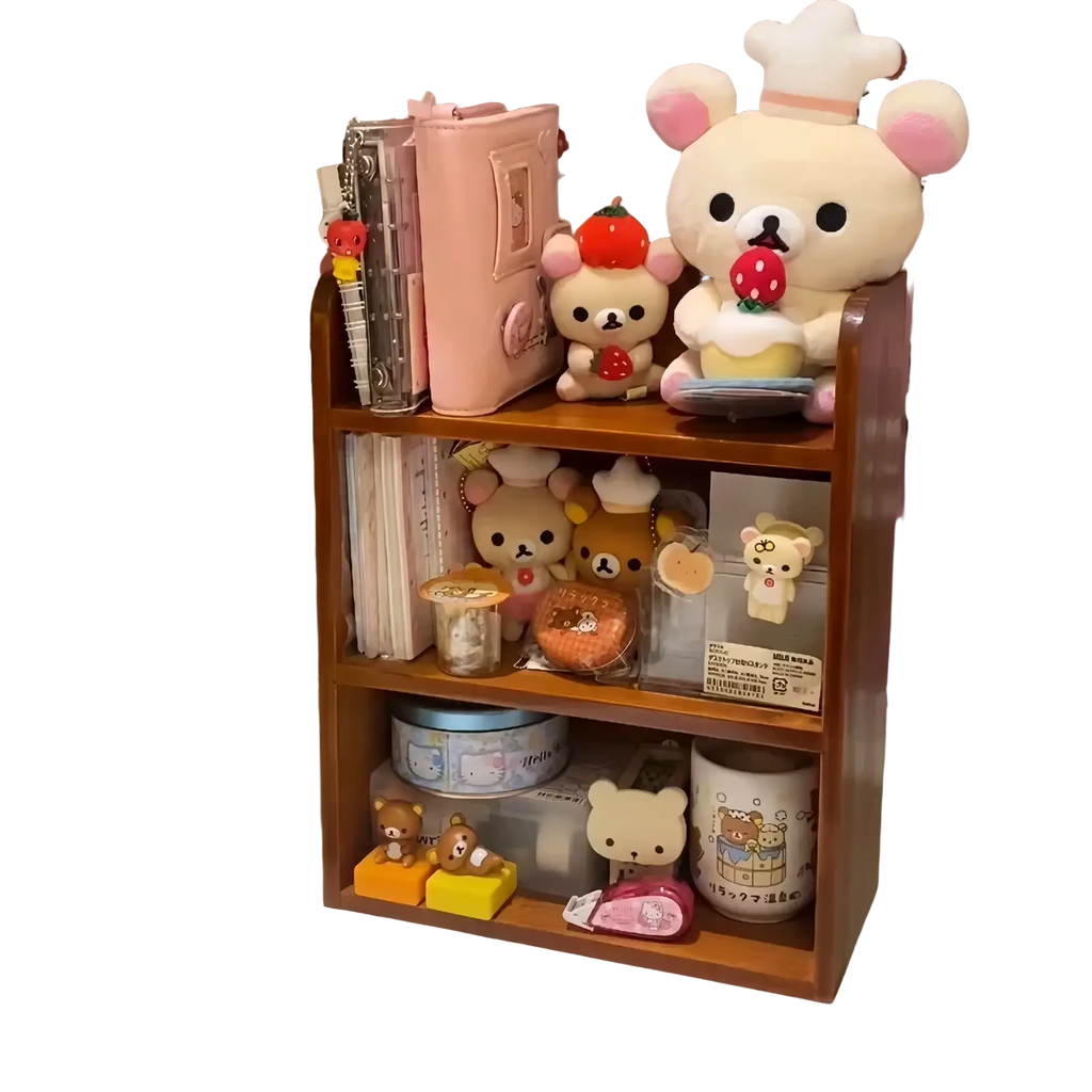 Wooden desktop storage rack with three tiers filled with rilakkuma plushies and accessories for organization