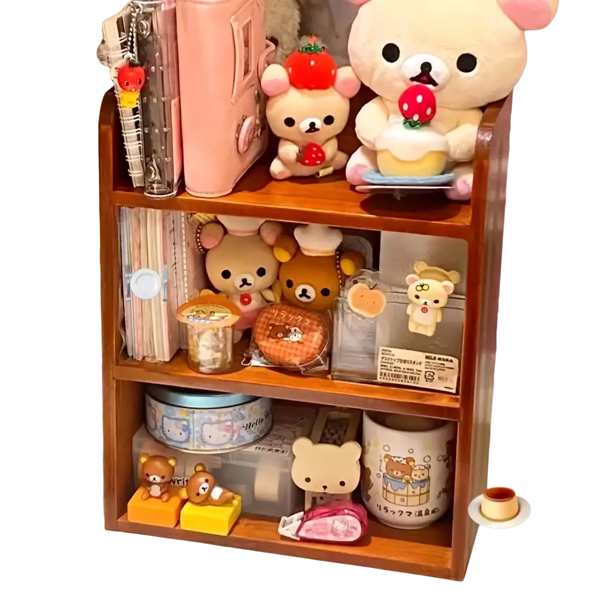 Wooden desktop storage rack and organizer with a warm brown finish featuring a three-tiered shelf and rilakkuma-themed items