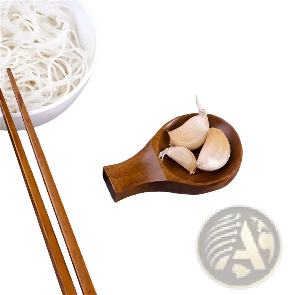 Small dark brown wooden dipping sauce dish with spoon shape holding whole garlic cloves and chopstick rest