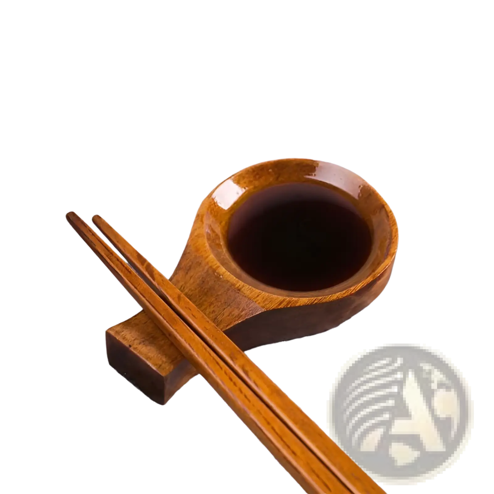 Wooden dipping sauce dish with a polished chopstick rest holding dark soy sauce and two matching wooden chopsticks