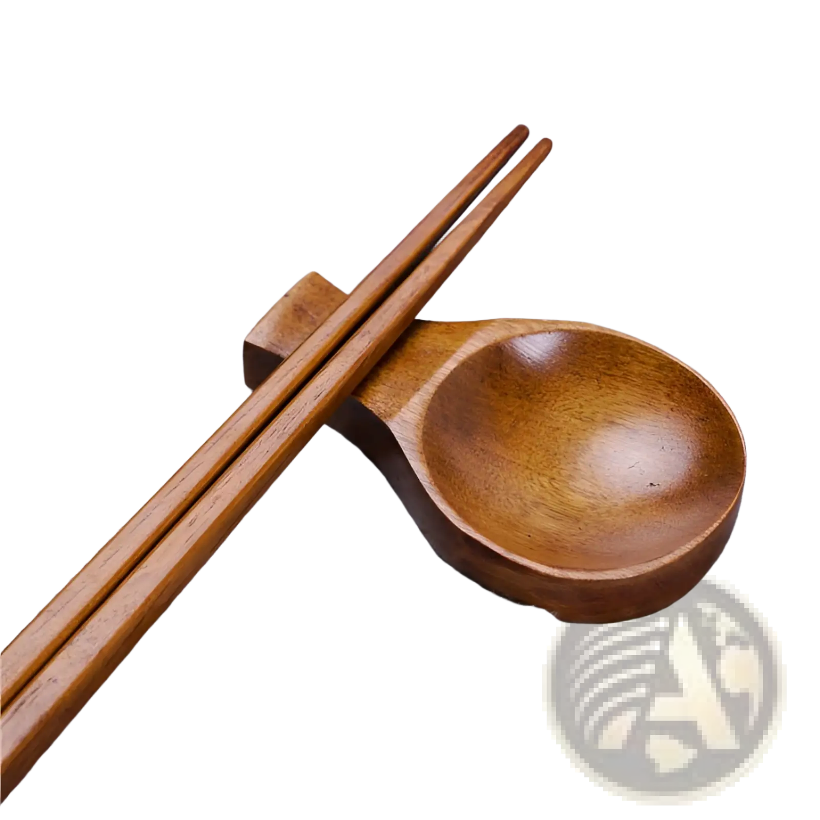 Wooden dipping sauce dish with polished finish featuring a smooth rounded bowl and integrated chopstick rest