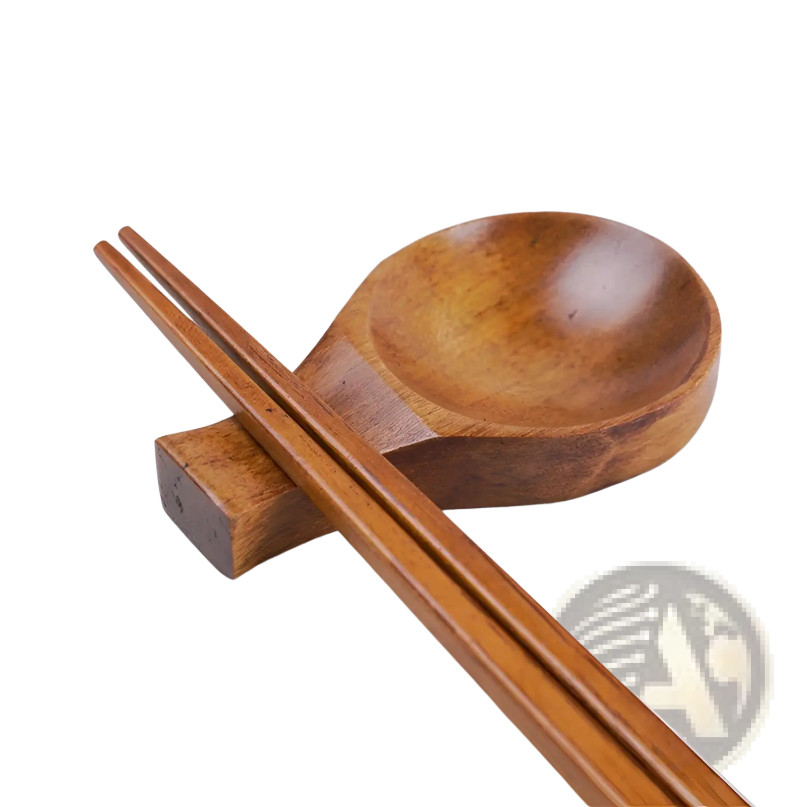 Wooden dipping sauce dish with chopstick rest in smooth medium brown wood featuring rounded bowl and rectangular base