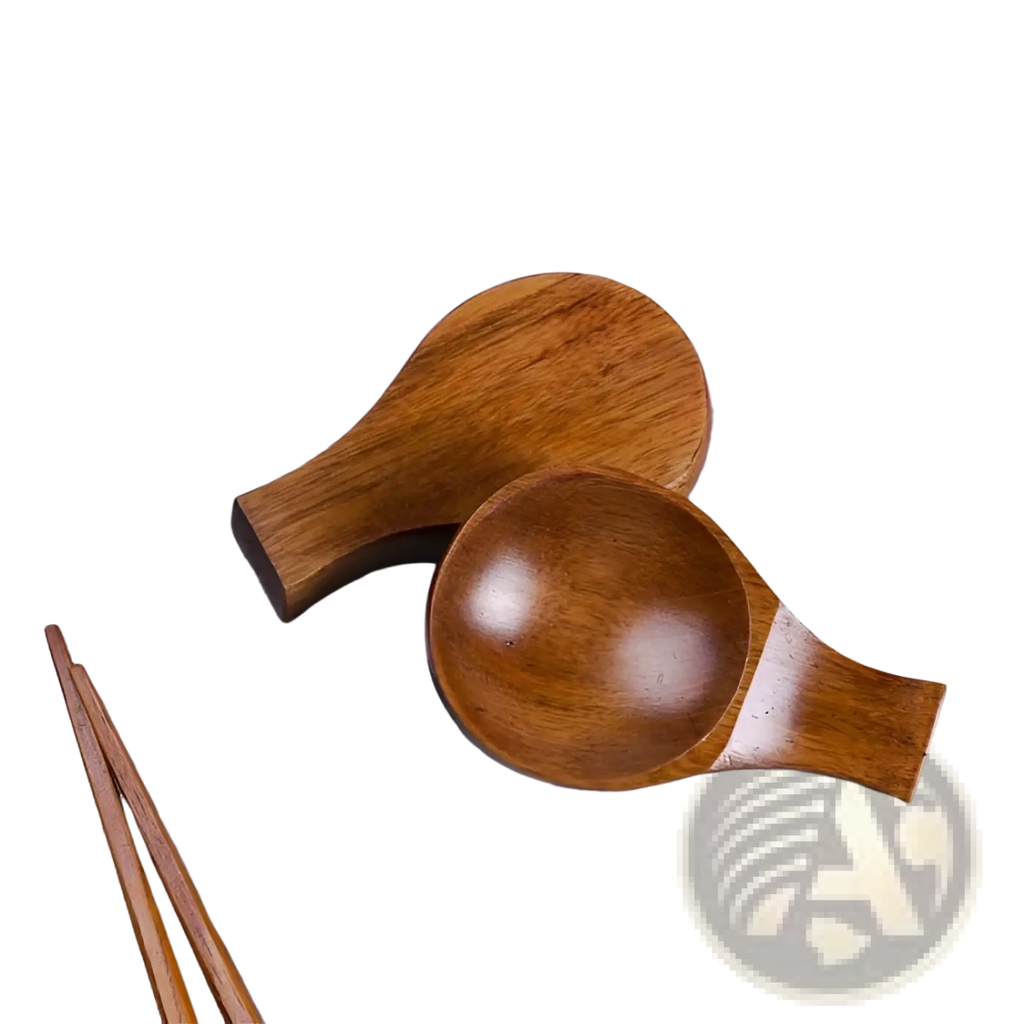 Two polished wooden dipping sauce dishes with chopstick rests in warm rich brown finish and smooth rounded contours