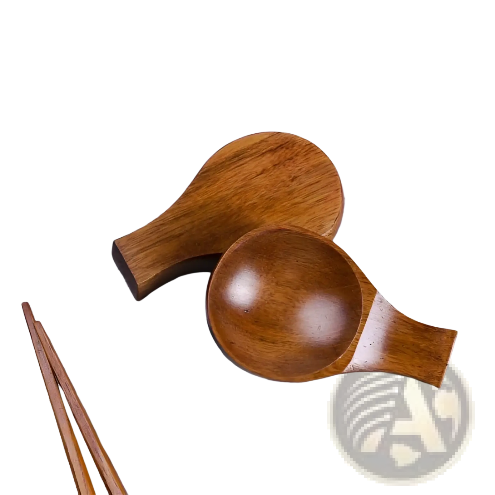 Two polished wooden dipping sauce dishes with chopstick rests in warm rich brown finish and smooth rounded contours