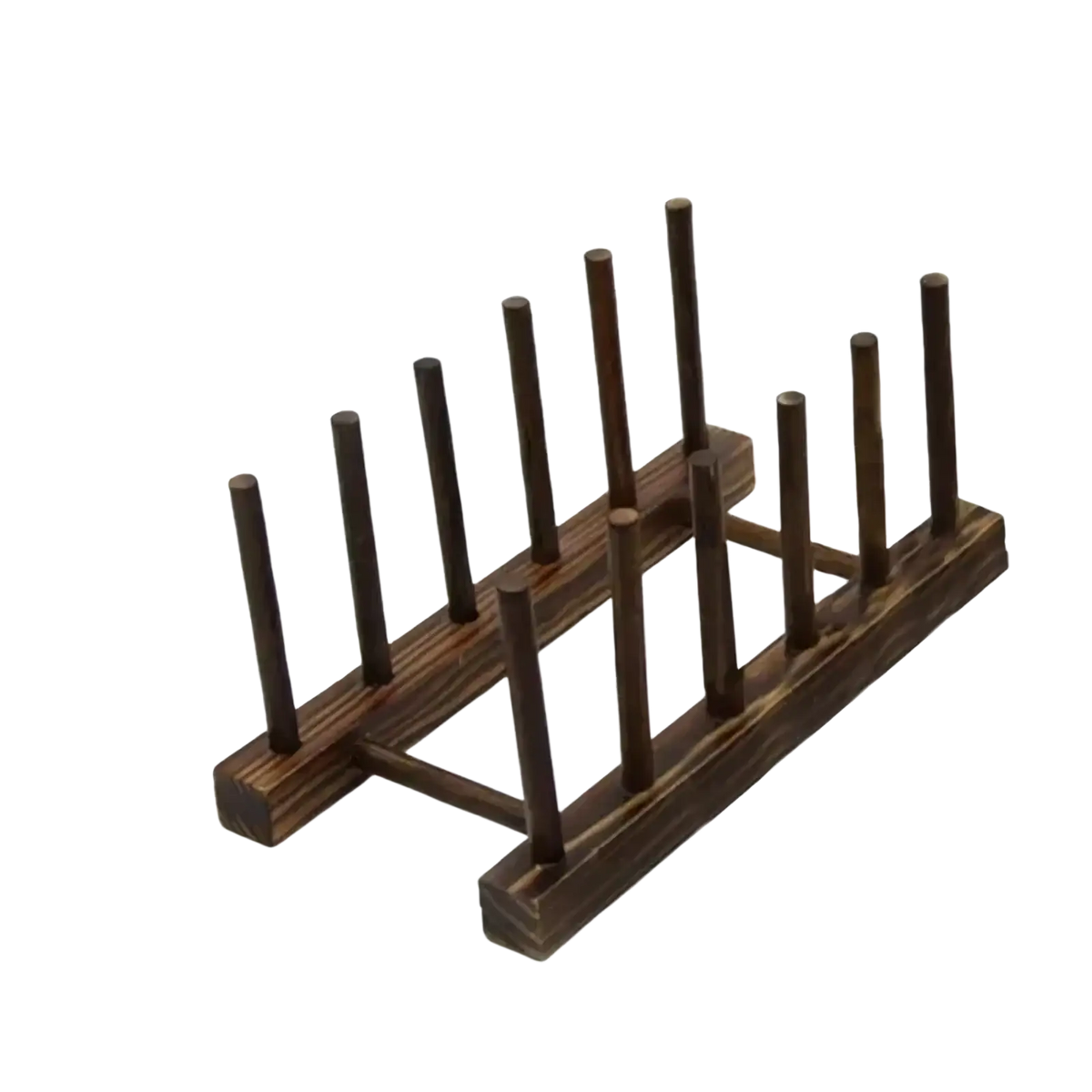 Brown wooden toothpick holder with five vertical slots as part of a wooden dish drying rack and plate organizer