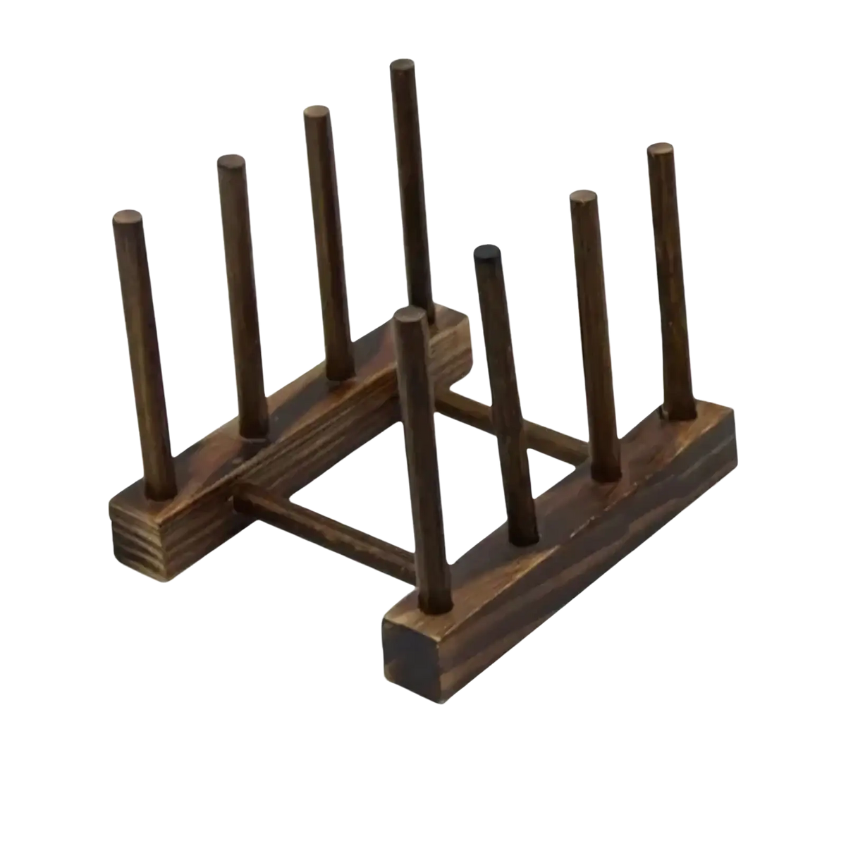 Brown wooden toothpick holder with three grid compartments designed as part of a wooden dish drying rack and plate organizer