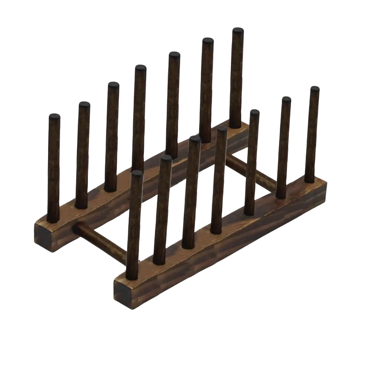 Brown wooden toothpick holder with six vertical slots as part of a wooden dish drying rack and plate organizer