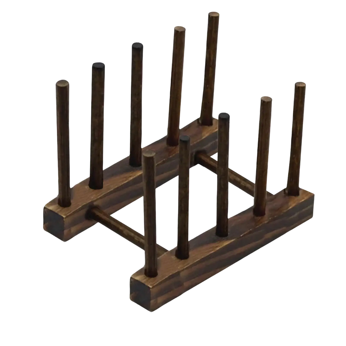 Brown wooden toothpick holder with four grids as part of a wooden dish drying rack and plate organizer