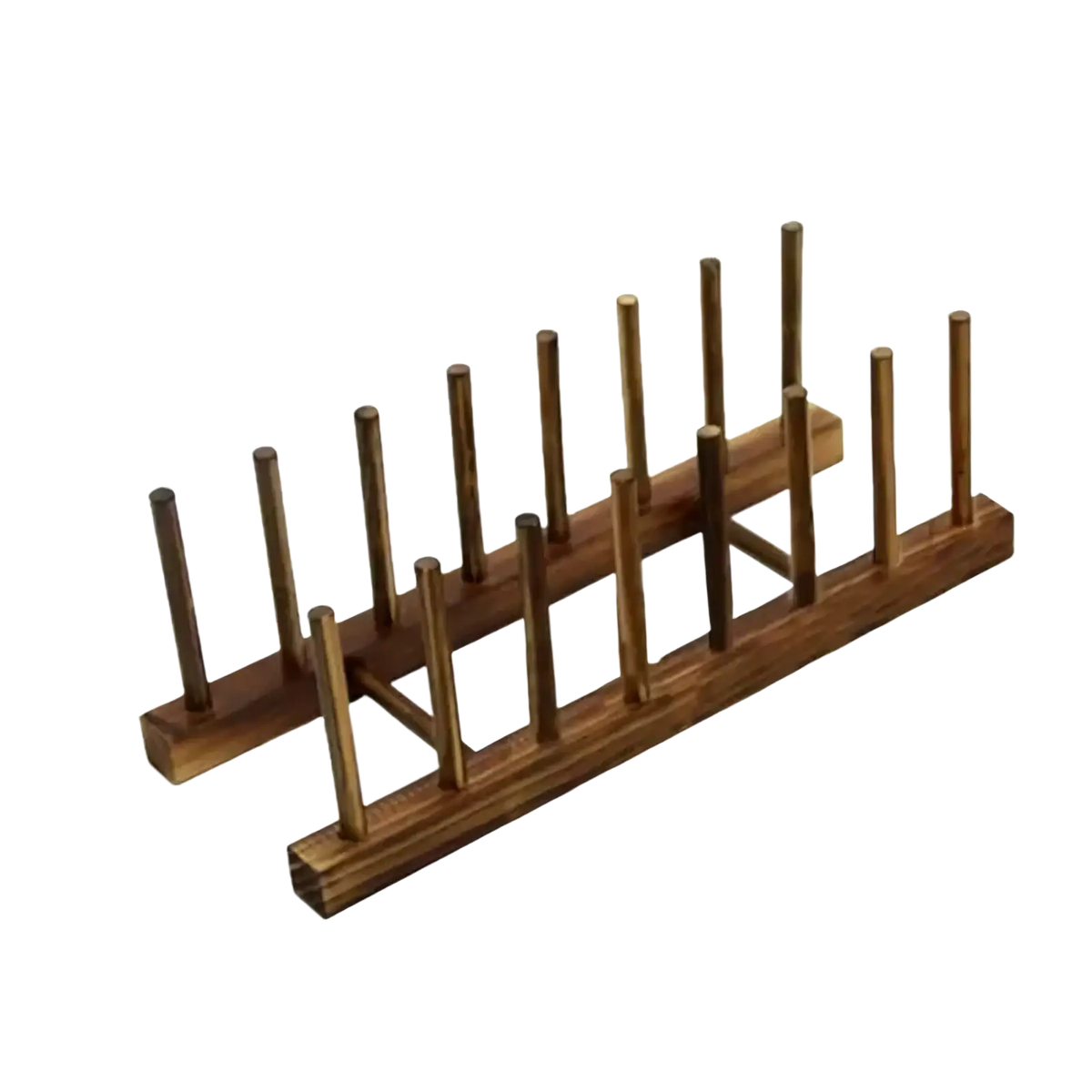 Brown wooden dish drying rack with seven vertical slots for plate organization and utensil storage