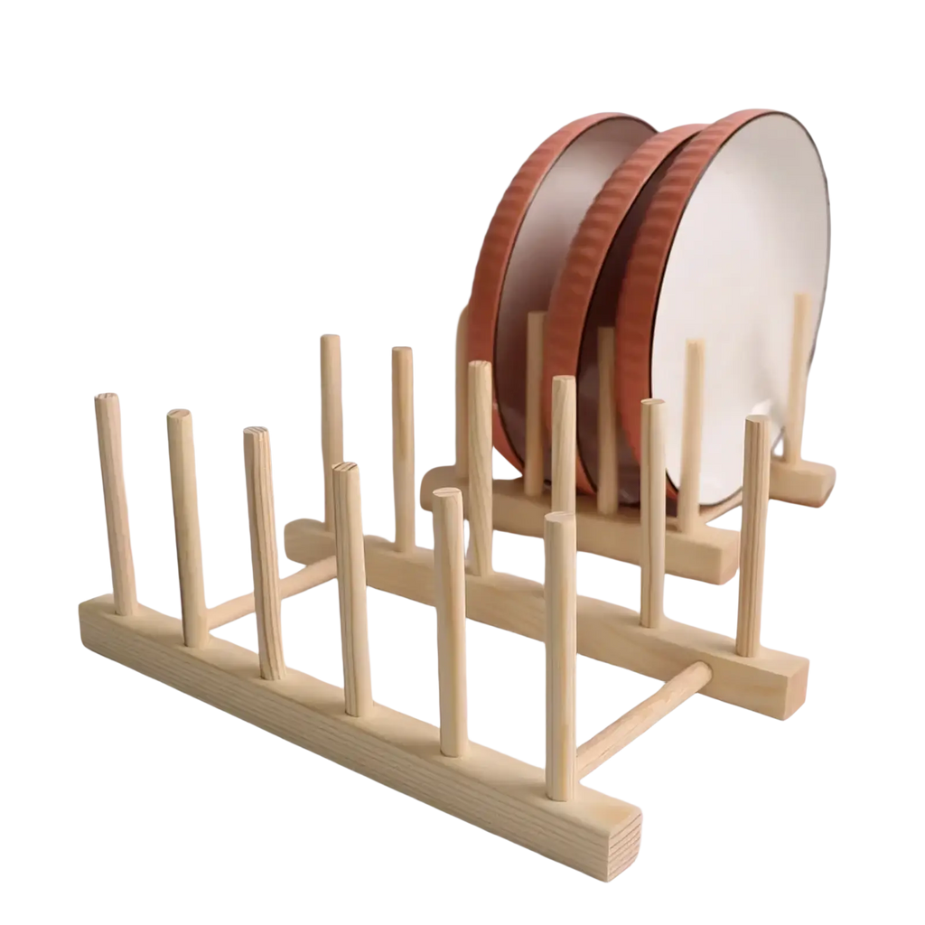 Light-colored wooden dish drying rack with vertical slats and minimalist design for plate organization