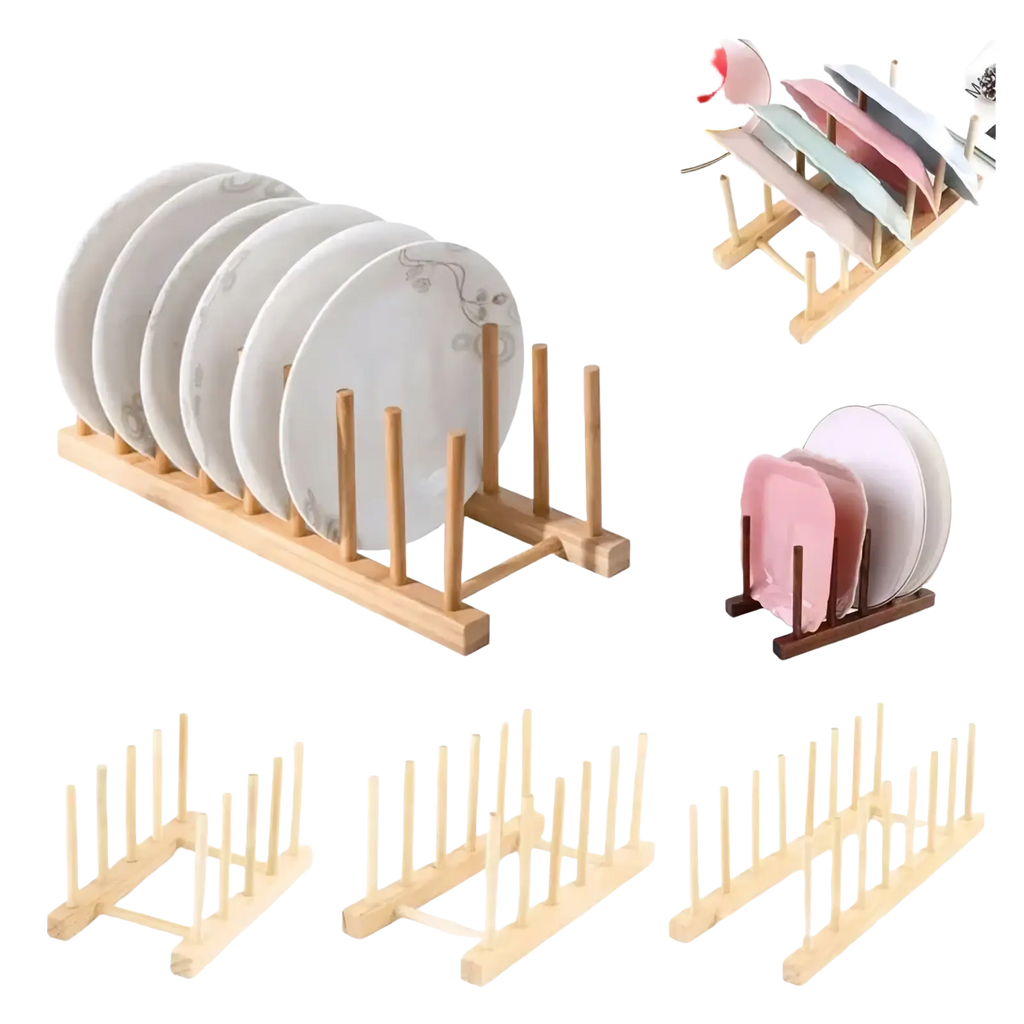 Light-colored wooden dish drying rack with vertical slots for organizing and holding plates efficiently