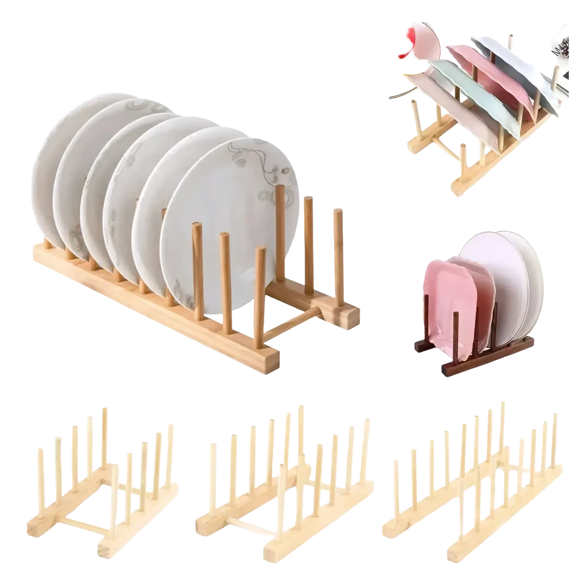 Light-colored wooden dish drying rack with vertical slots for organizing and holding plates efficiently