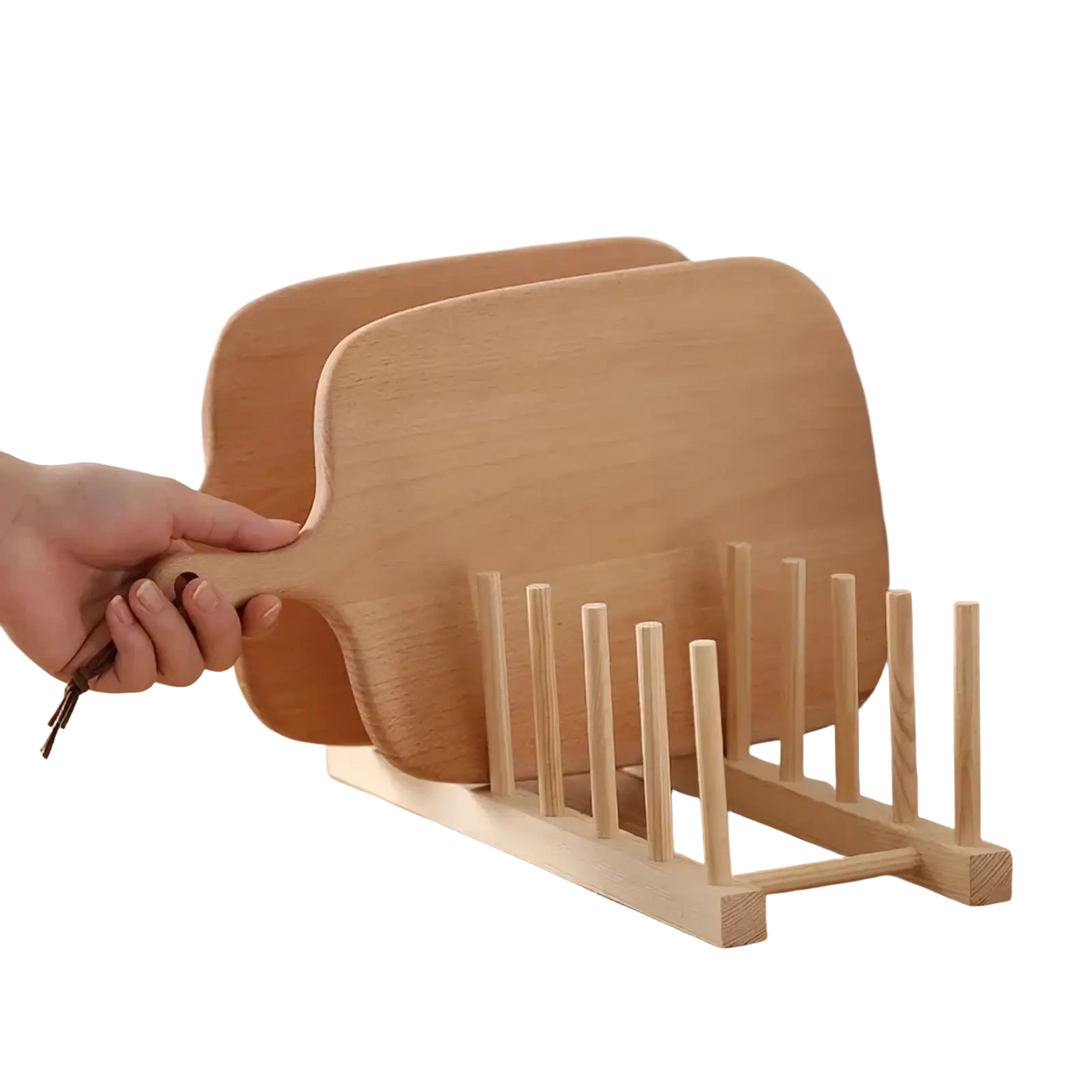 Light-colored wooden dish drying rack and plate organizer holding two matching wooden cutting boards