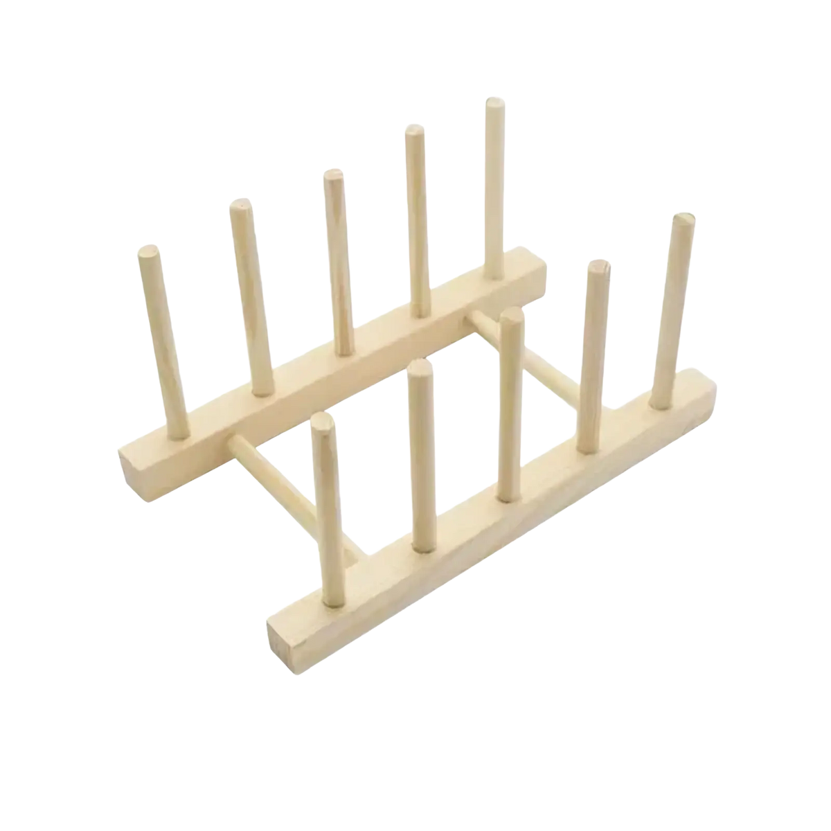 Light-colored wooden dish drying rack with four grid sections and vertical slots for plate organization
