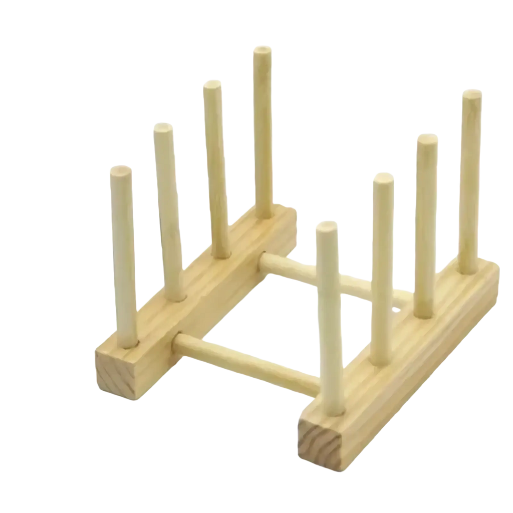 Light-colored wooden dish drying rack and plate organizer with eight vertical slots and minimalist design