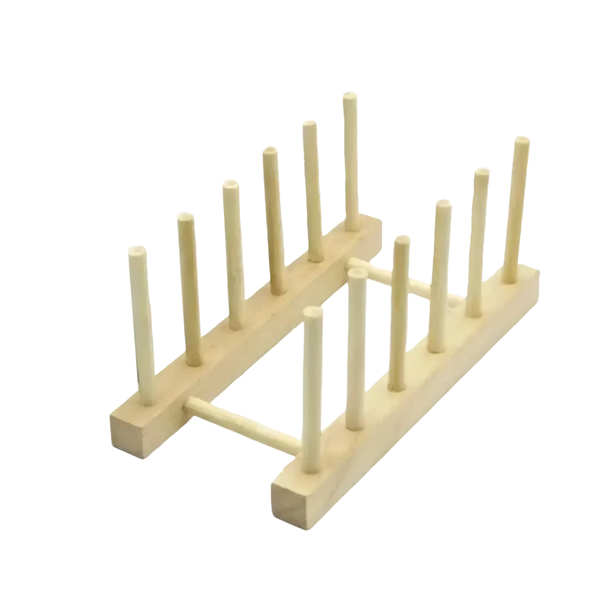 Light-colored wooden toothpick holder with five vertical slots as part of a wooden dish drying rack and plate organizer