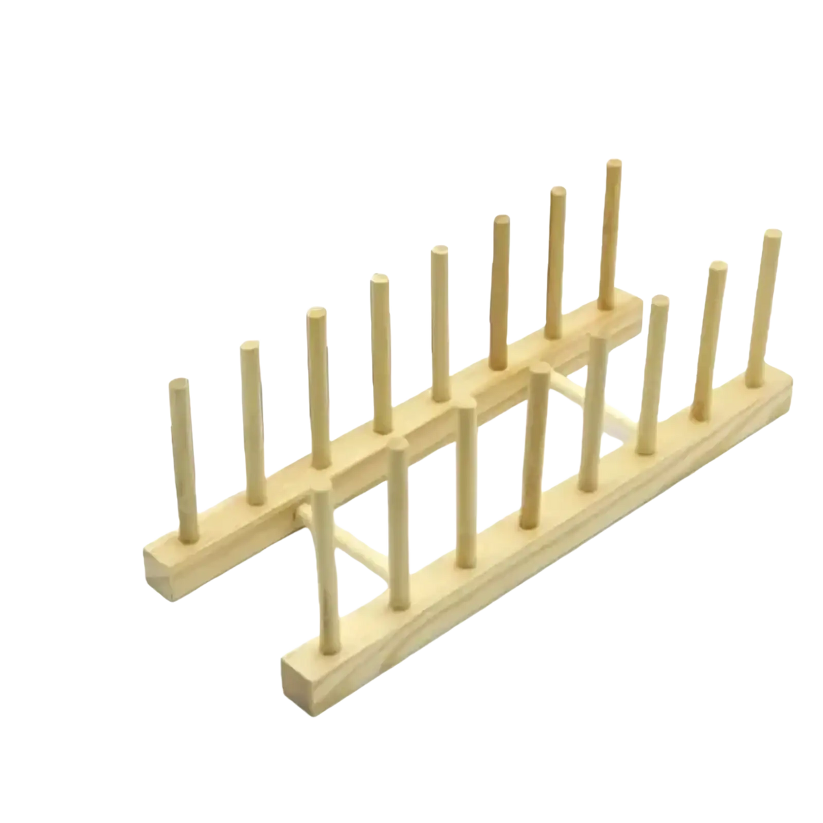 Light-colored wooden dish drying rack and plate organizer with two parallel rows of vertical slots for toothpicks