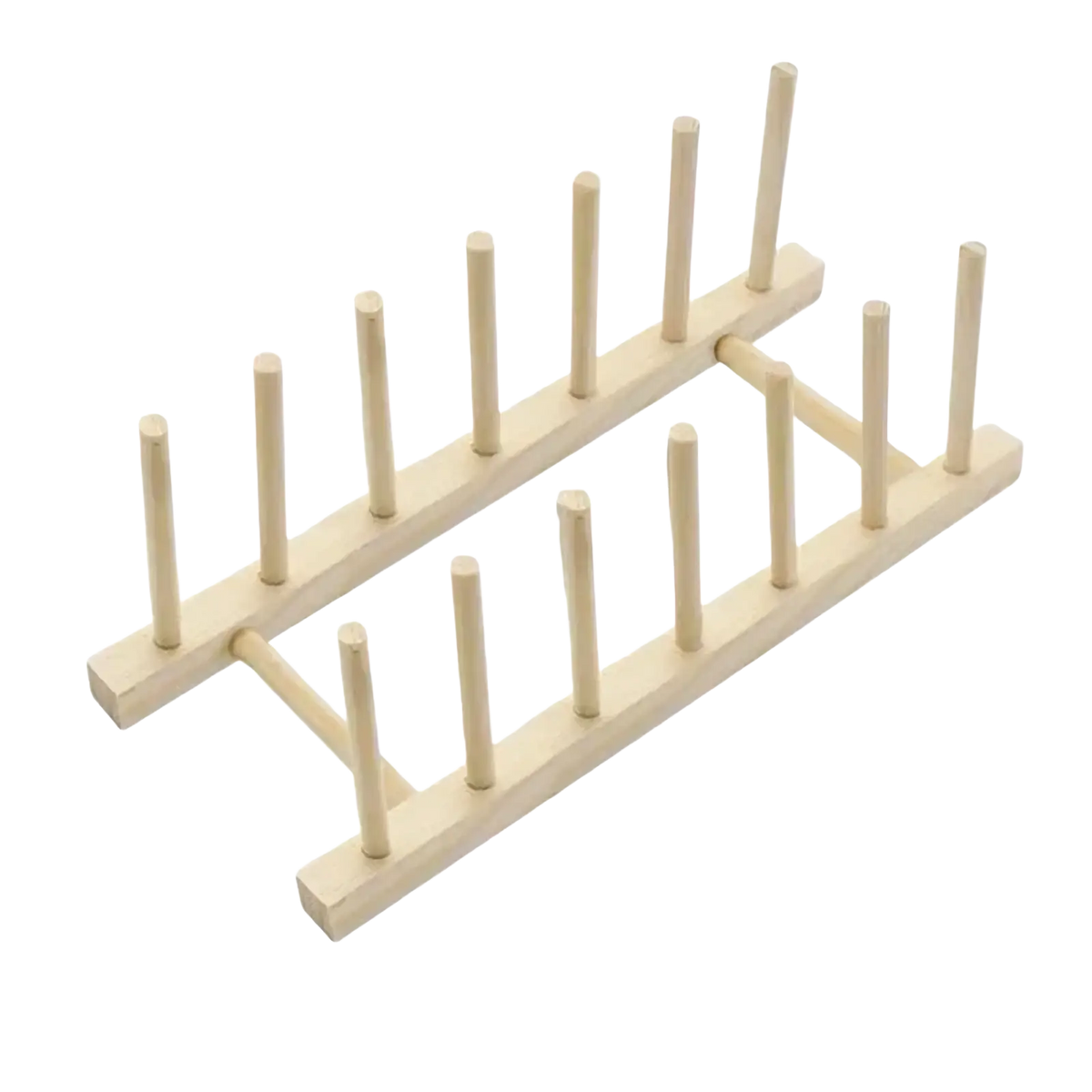 Light-colored wooden dish drying rack with six vertical slots for holding plates and organizing dishes