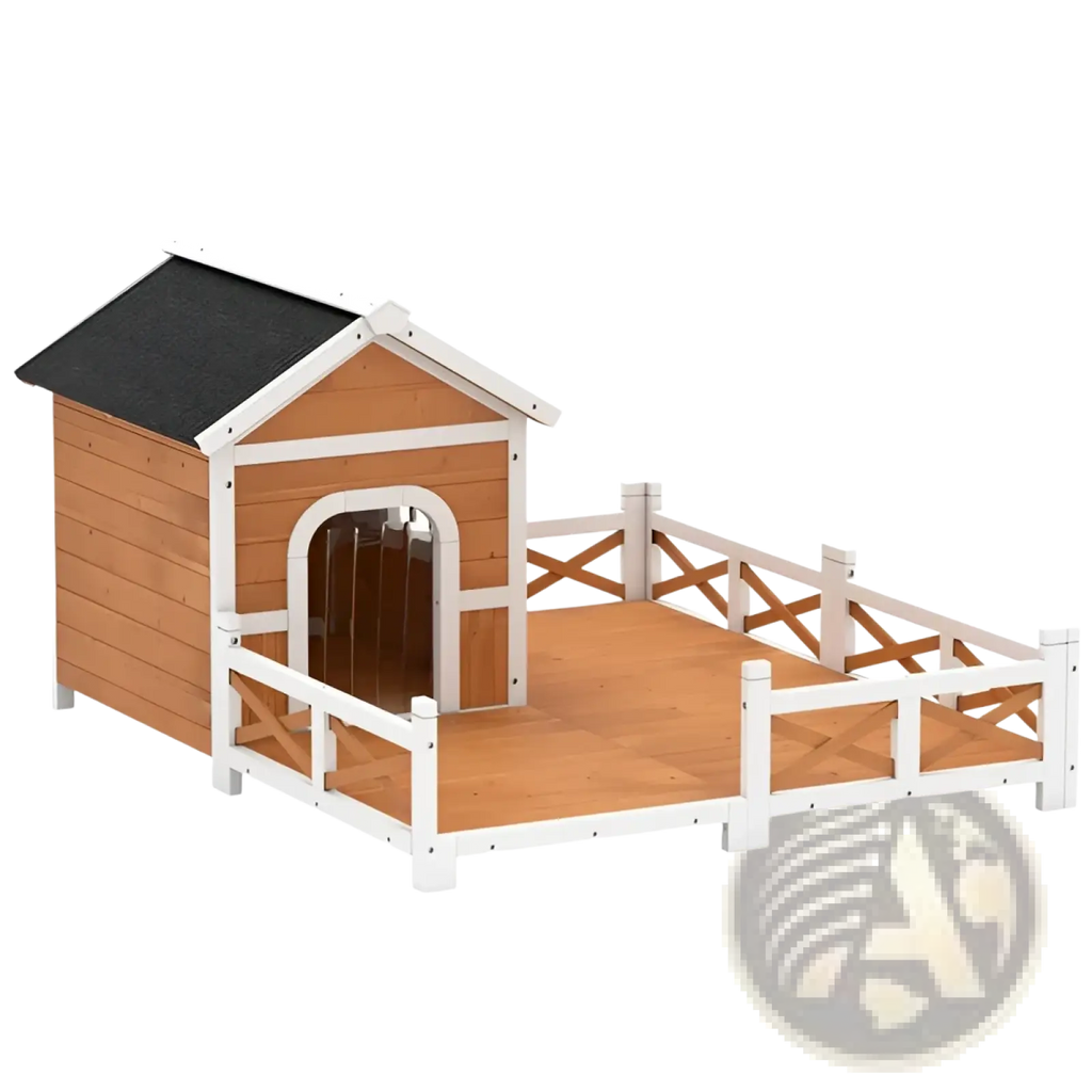 Wooden dog house with an asphalt black roof white trim and white fence showcasing the front side design