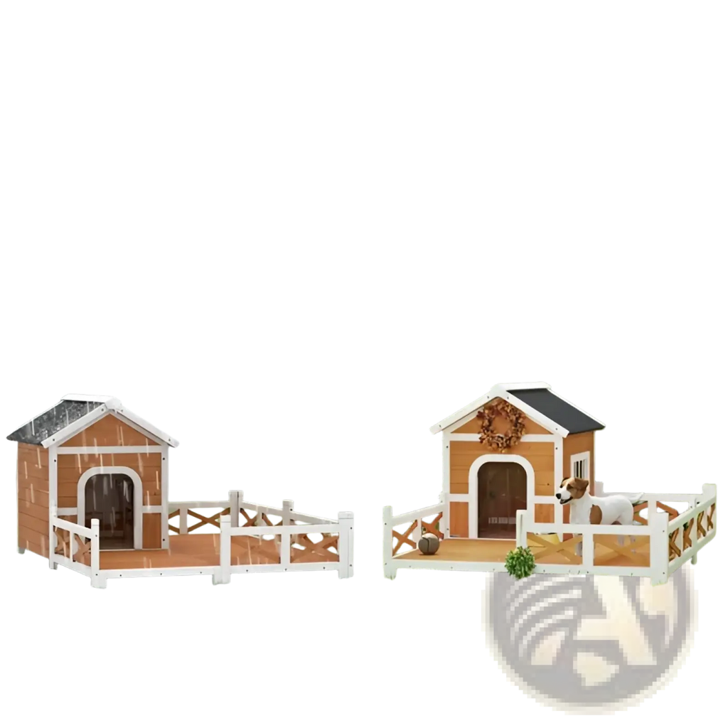 Brown wooden dog house with white trim and asphalt roof next to a white fence for outdoor pet shelter