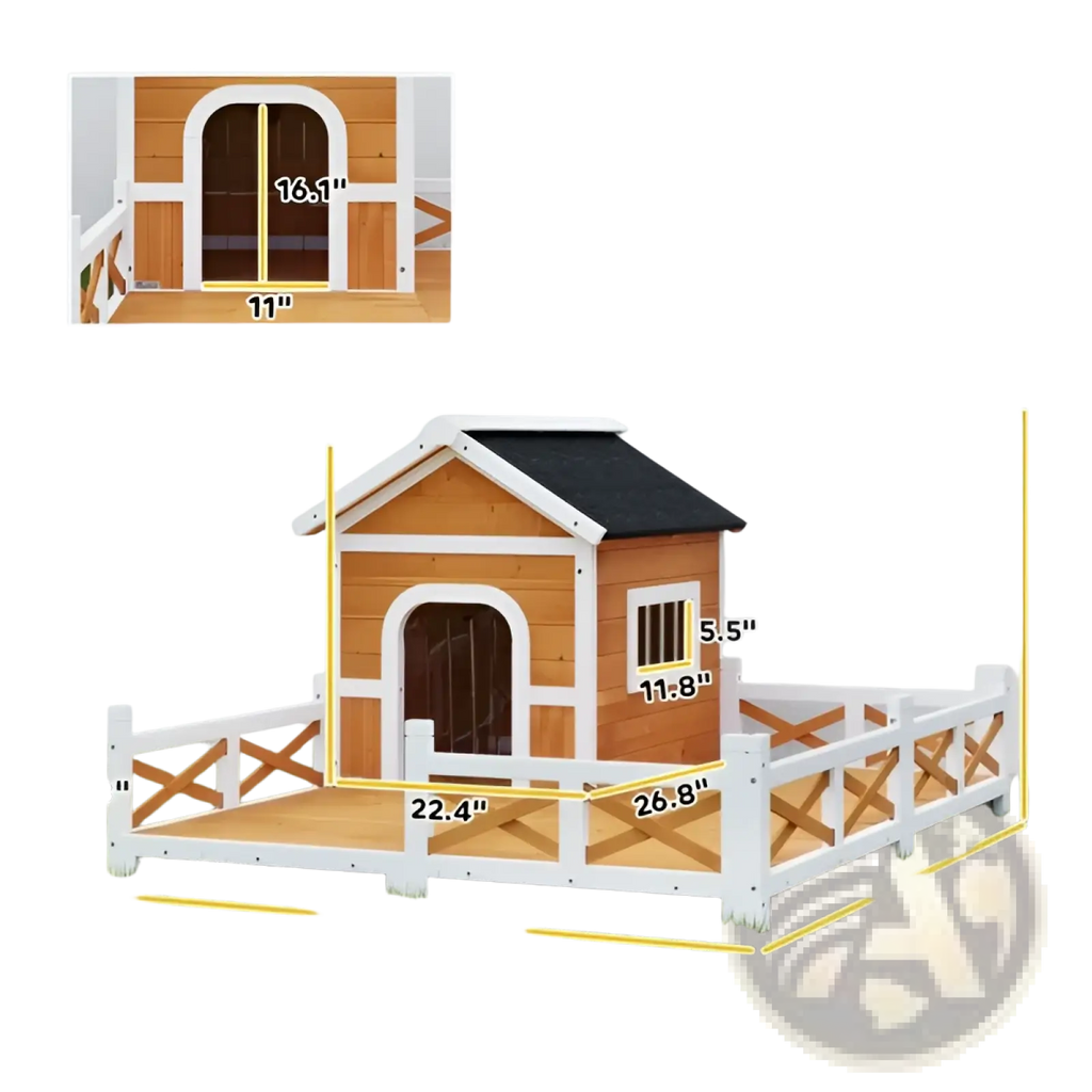 Wooden dog house with asphalt roof and white fence featuring an arched entrance door