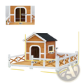 Wooden dog house with asphalt roof and white fence featuring an arched entrance door