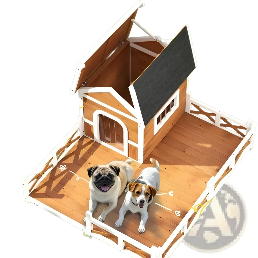 Wooden dog house with white trim black asphalt roof and spacious porch featuring a white fence for outdoor use