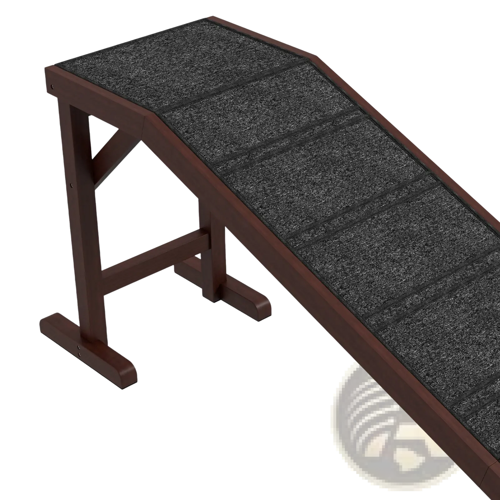 Dark brown wooden dog ramp with textured black non slip surface designed as pet stairs with platform