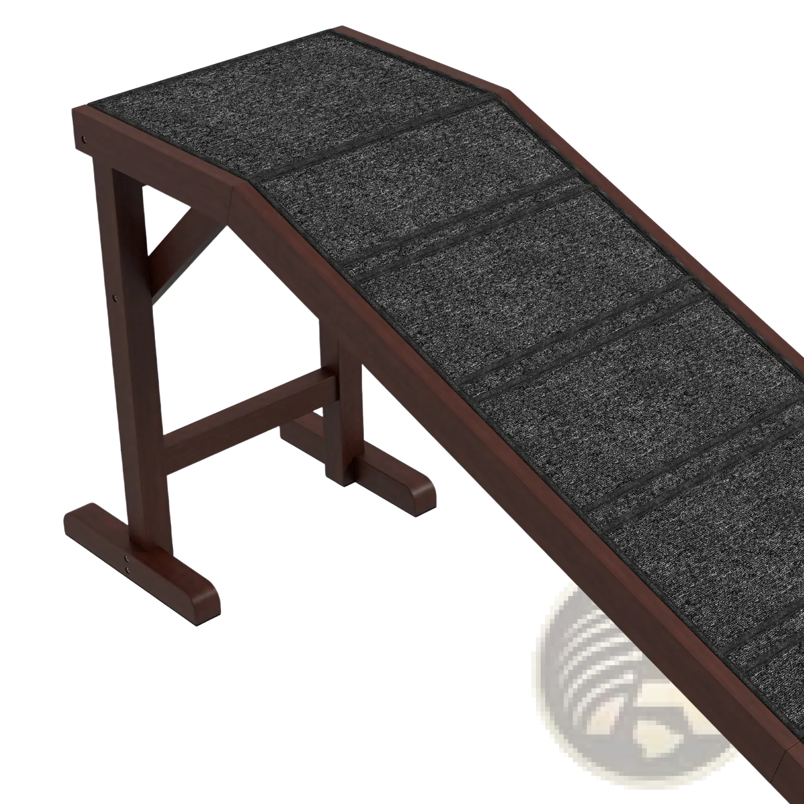 Dark brown wooden dog ramp with textured black non slip surface designed as pet stairs with platform